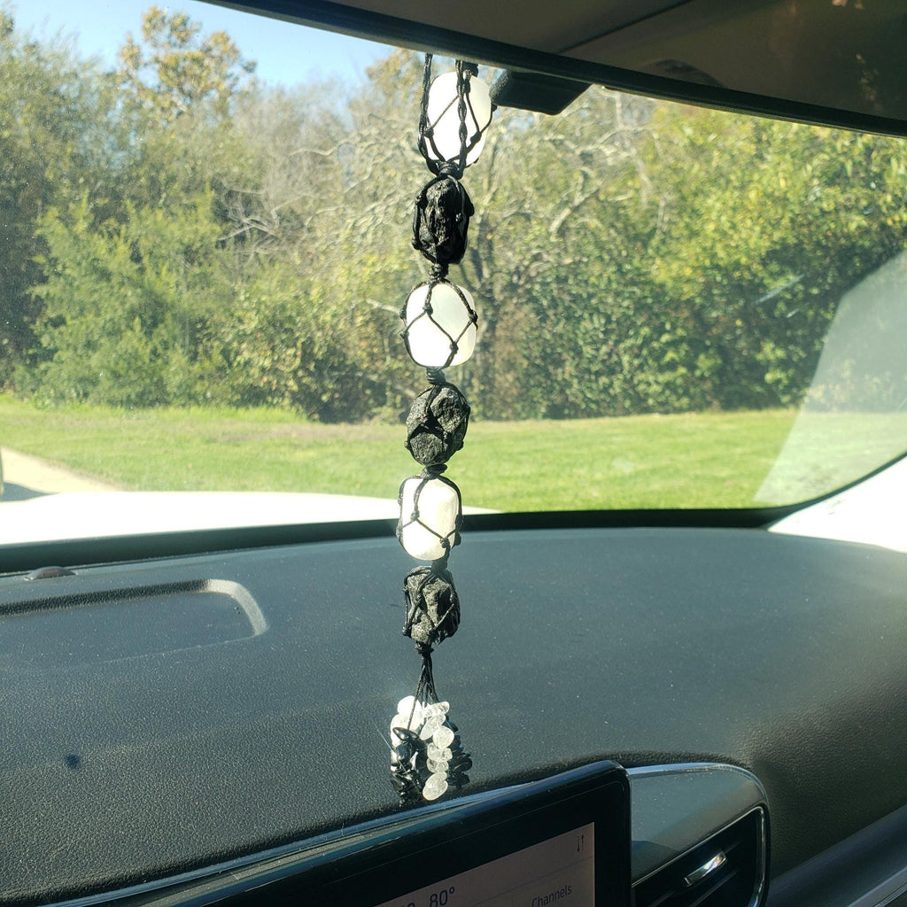 Car Protection Hanging Charm - Raw Black Tourmaline & Selenite - Energetic Protection, Neutralizes Negativity, Cleanses Space Crystal Decor