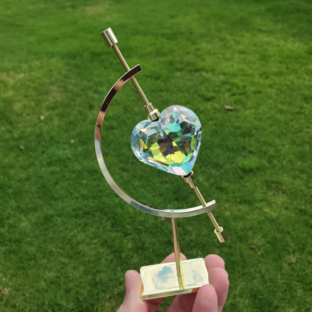 Faceted Heart Suncatcher with Metal Crescent Moon Stand 7" - Light Reflecting Glass Heart - Vanity Desk Office Home Decor Rainbow Catcher