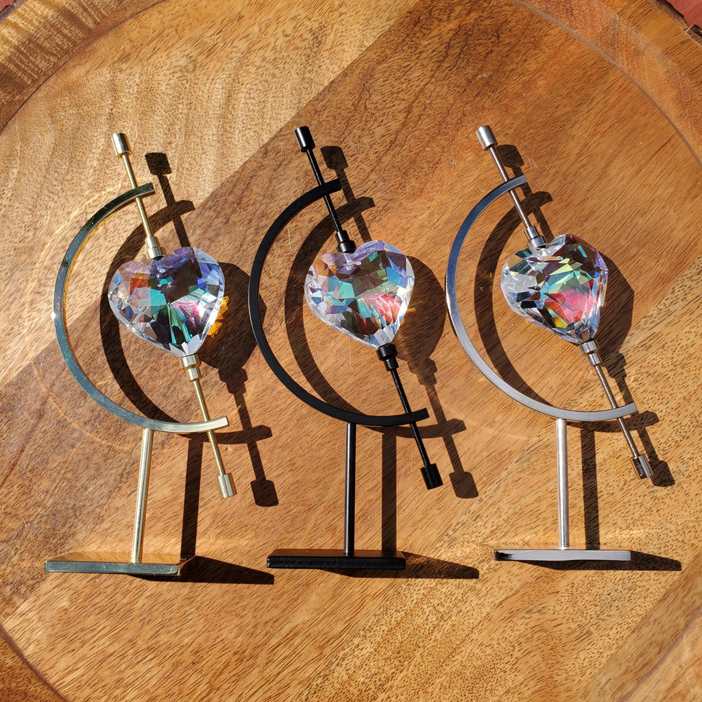 Faceted Heart Suncatcher with Metal Crescent Moon Stand 7" - Light Reflecting Glass Heart - Vanity Desk Office Home Decor Rainbow Catcher