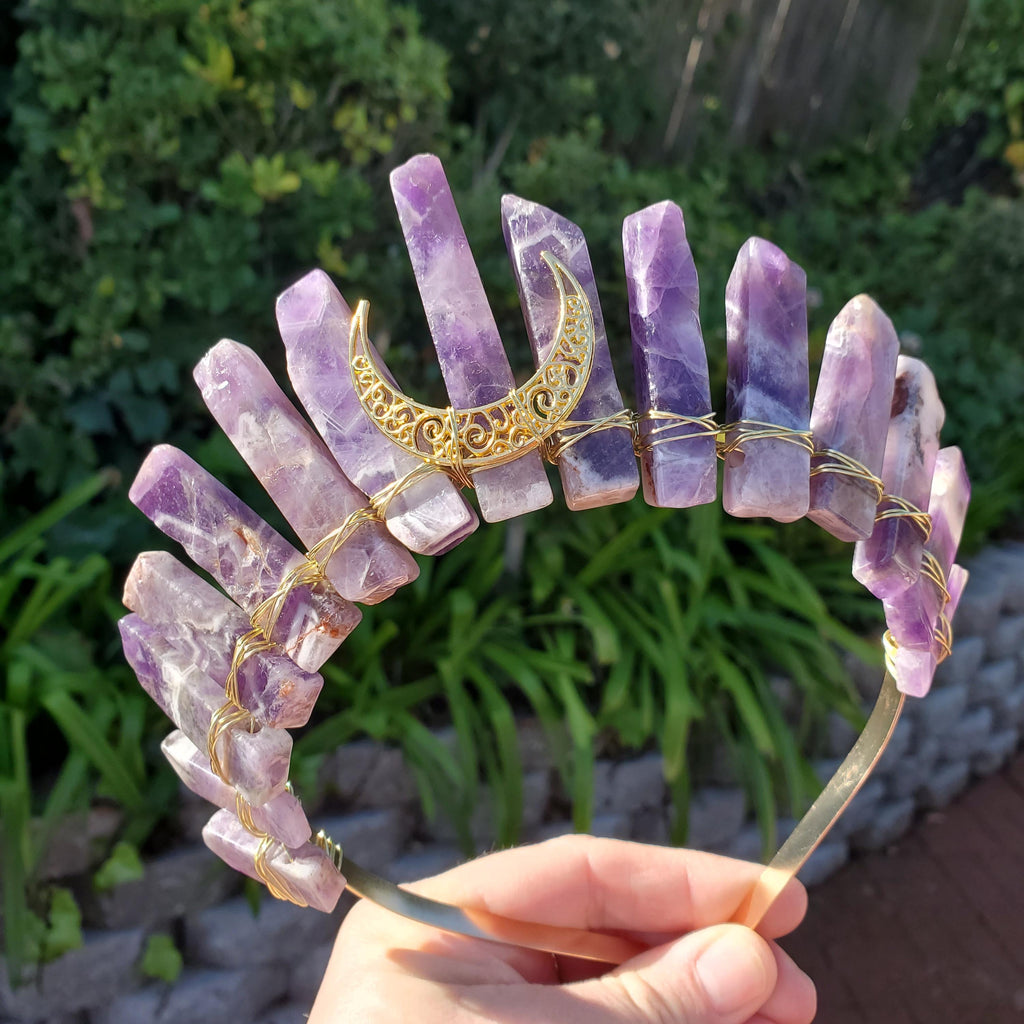 Dream Amethyst Crown with Moon - Calming, Energetic Protection, Positivity, Divine Love - Amethyst Crystal Crown Goddess Headpiece