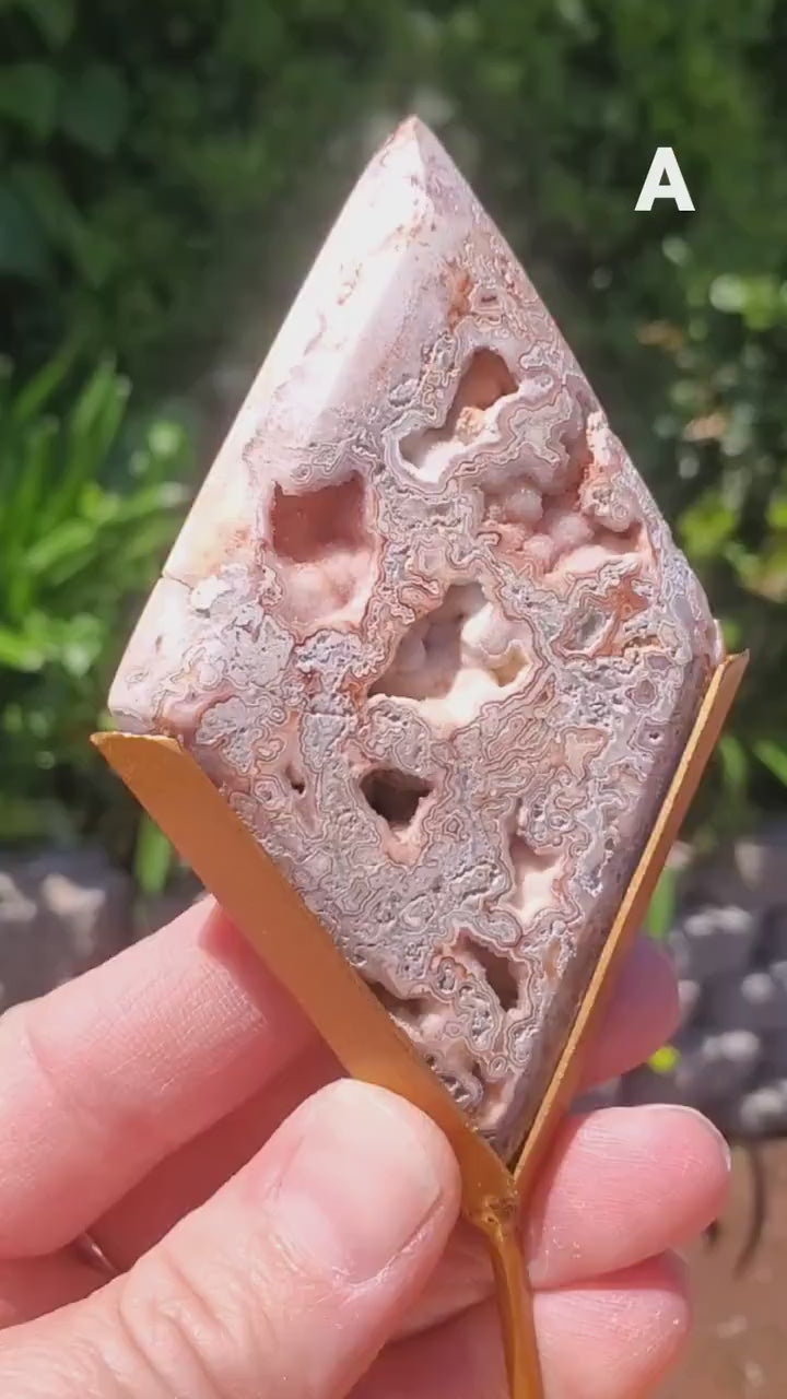 Pink Lace Agate Diamond on Stand - Balance Physical, Mental, Emotional - Pink Agate Crystal Diamond Healing Gemstones