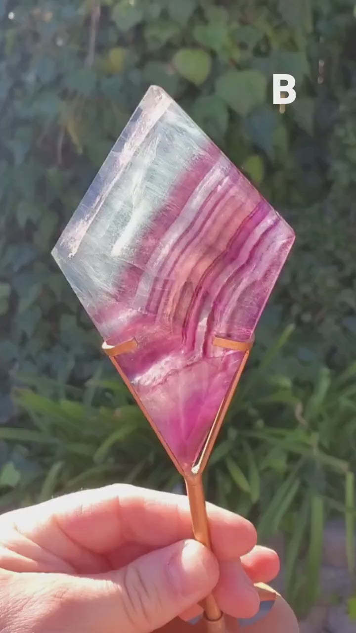 Rainbow Fluorite Diamond on Stand - Mental Concentration, Energetic Protection, Positivity - Crystal Diamond Healing Gemstone Statement