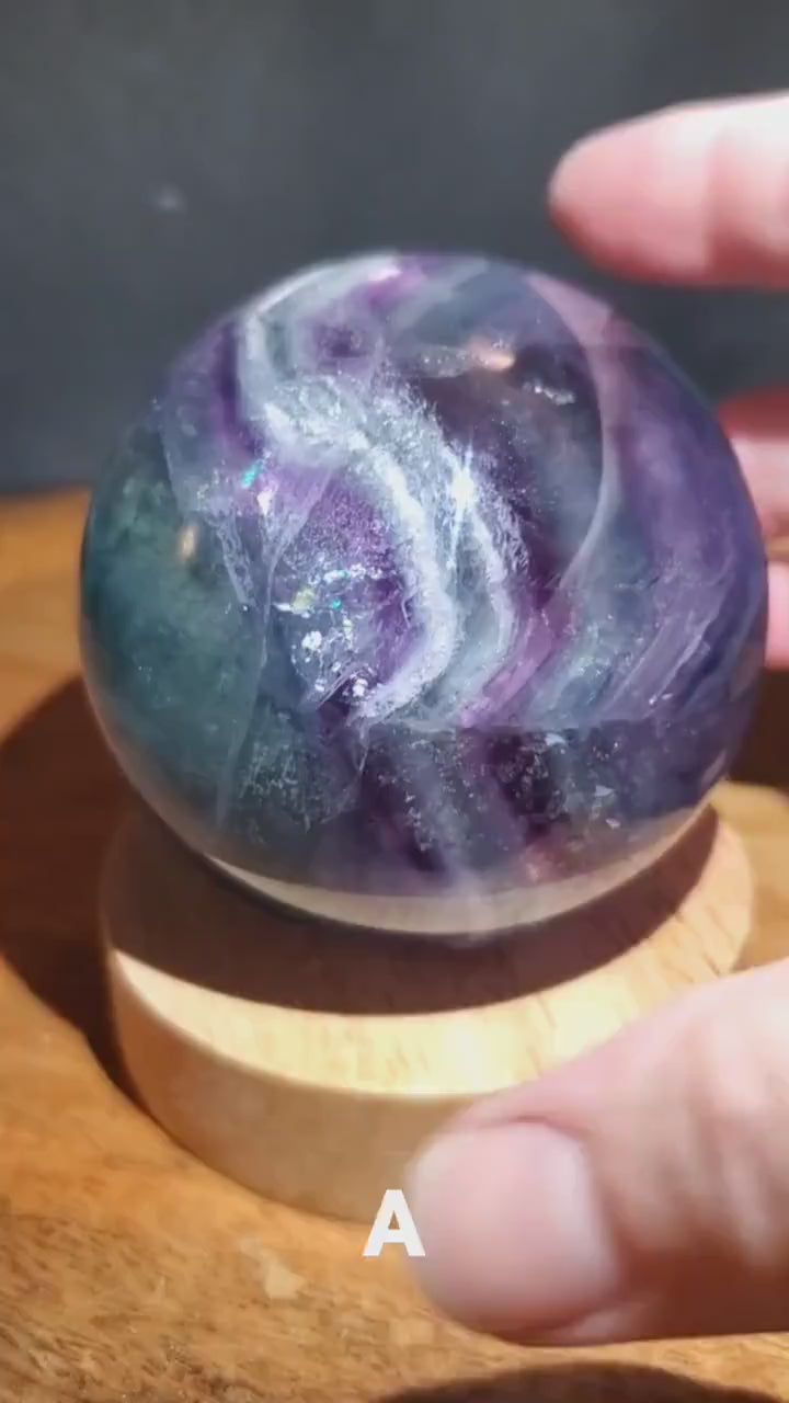 Rainbow Fluorite Sphere Lamp - Mental Clarity, Stability, Energetic Protection - Fluorite Accent Light Mood Lighting Crystal Stone
