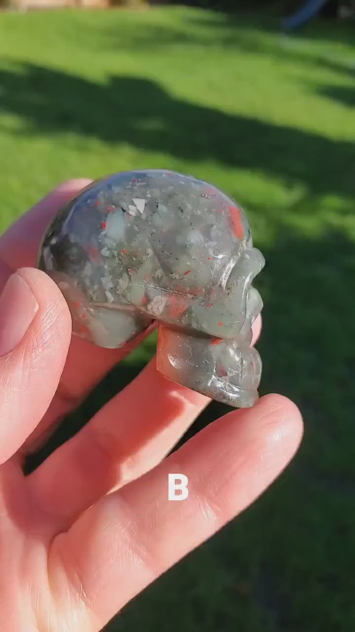 African Bloodstone Skull - Calming, Grounding, Persistence, Courage - 2" Black and Red Crystal Skull Carving Healing Gemstone
