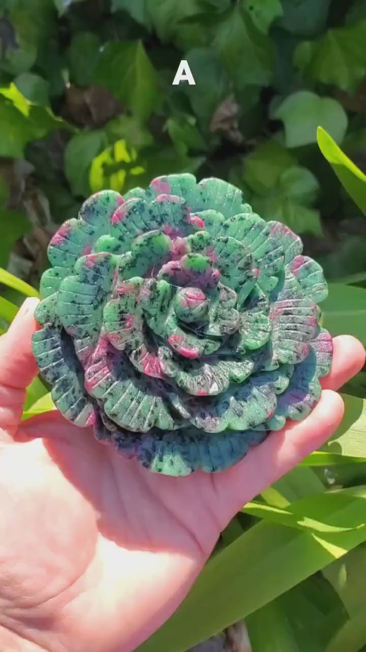 Big Ruby Zoisite Flower with UV reactive Ruby - Courage, Strength, Connects Our Hearts and Brain - Ruby Rose Carving Healing Gemstones