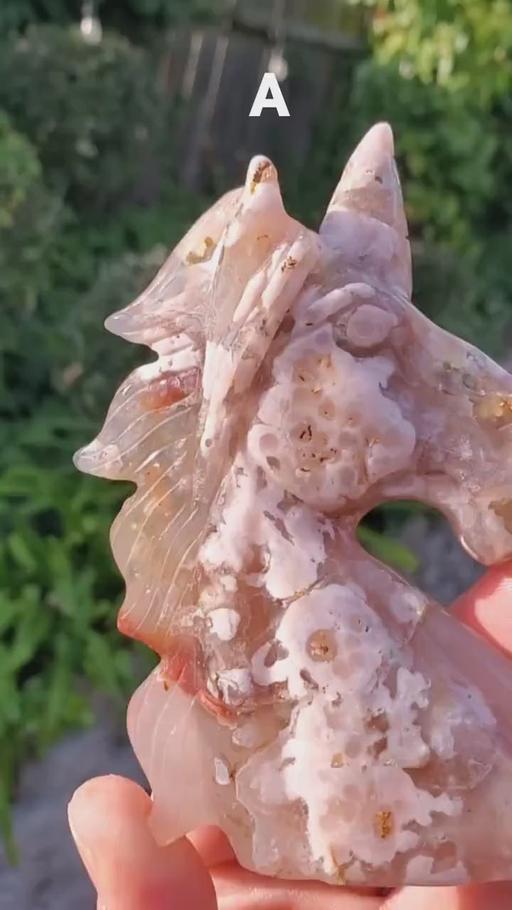 Flower Agate Unicorn - Gentle, Nourishing, Growth, Manifest - Carved Unicorn Crystal Stone Healing Crystals Gemstone
