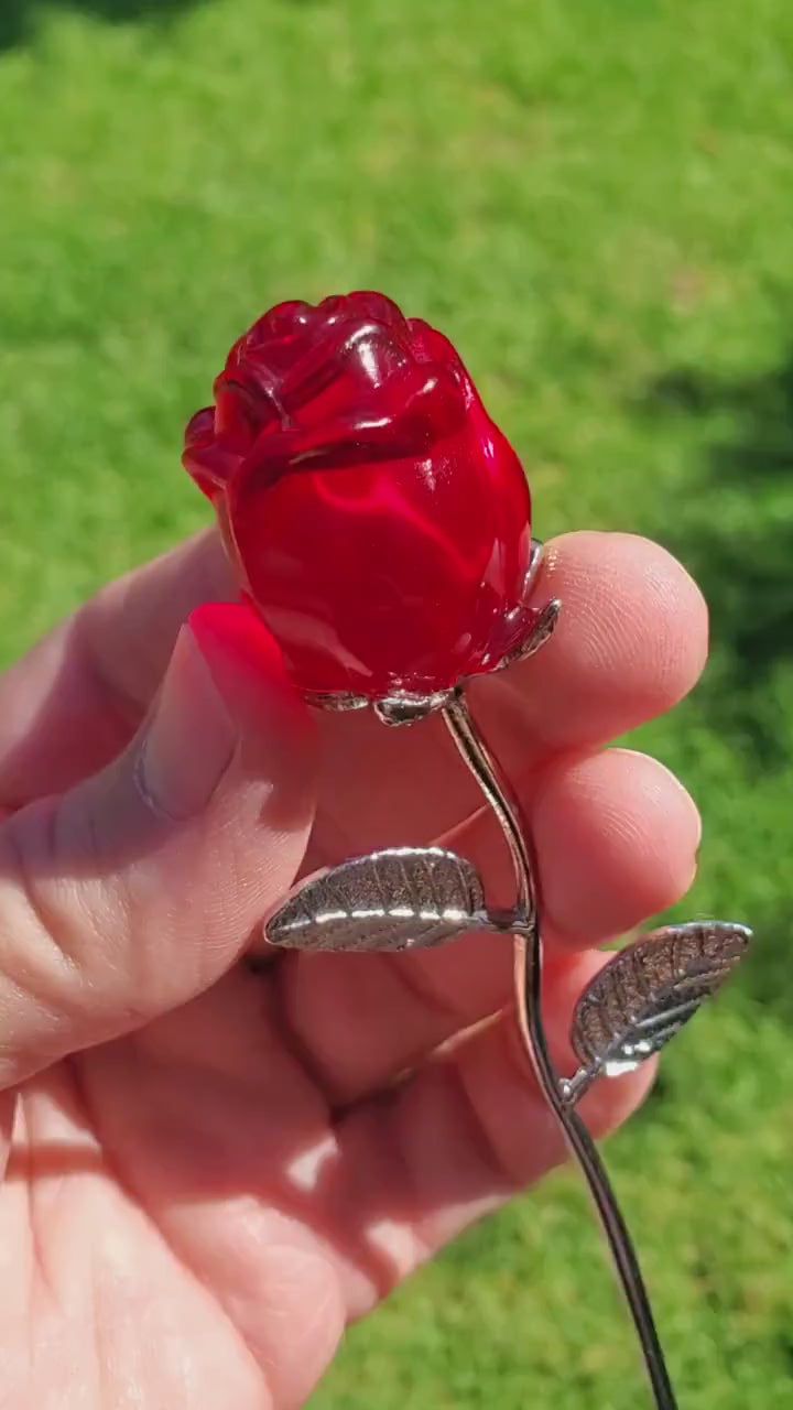 Small Red Glass Rose on Stem - Confidence, Intuition, Rebirth, Guides Us To Our Purpose - Flower Bud Carving Statement Stone Garden Stake