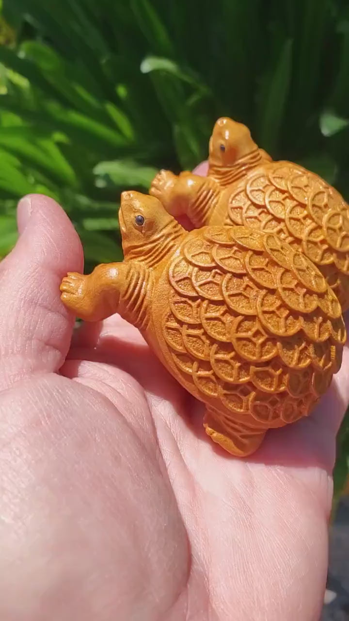 Cypress Wood Turtle with Feng Shui Coin Design - A Symbol of Immortality, Protective From Negative Energies - Carved Turtle Figurine