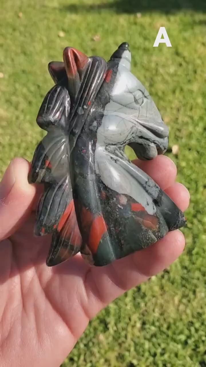 African Bloodstone Unicorn - Calming, Grounding, Persistence, Courage - Black and Red Crystal Unicorn Carving Statement Display