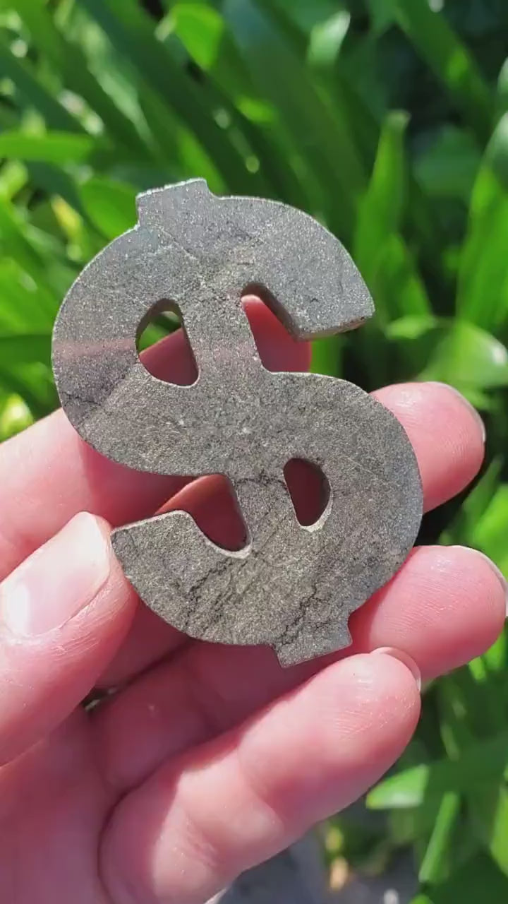 Pyrite Money Sign 2.35" - Blocks Negativity, Blocks EMF, Boost Personal Power - Pyrite Money Crystal Carving Healing Gemstones