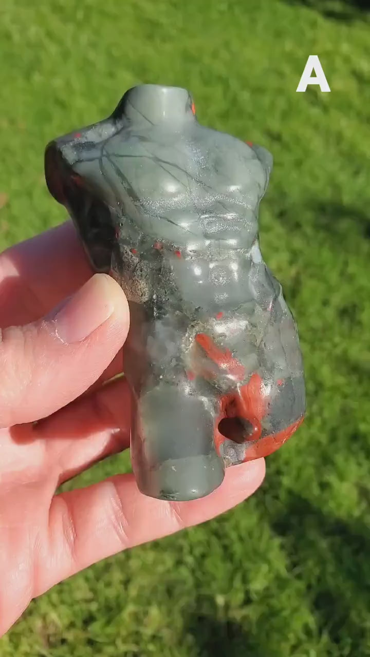 African Bloodstone Male Figure - Calming, Grounding, Persistence, Courage - Black and Red Crystal Male Healing Gemstone
