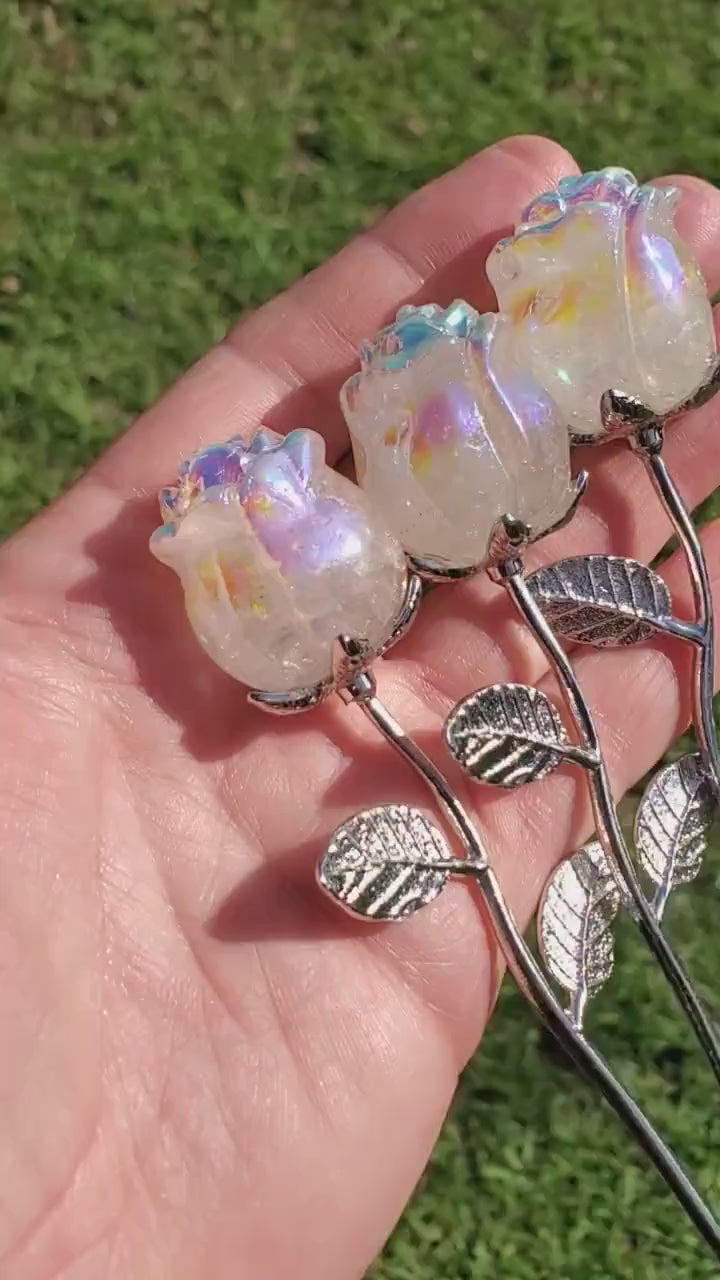 Small Aura Quartz Rose on Stem 6" long - Unconditional Love, Compassion, Self Love - Crystal Rose Bud with Metal Stem Shiny Rose Gemstone