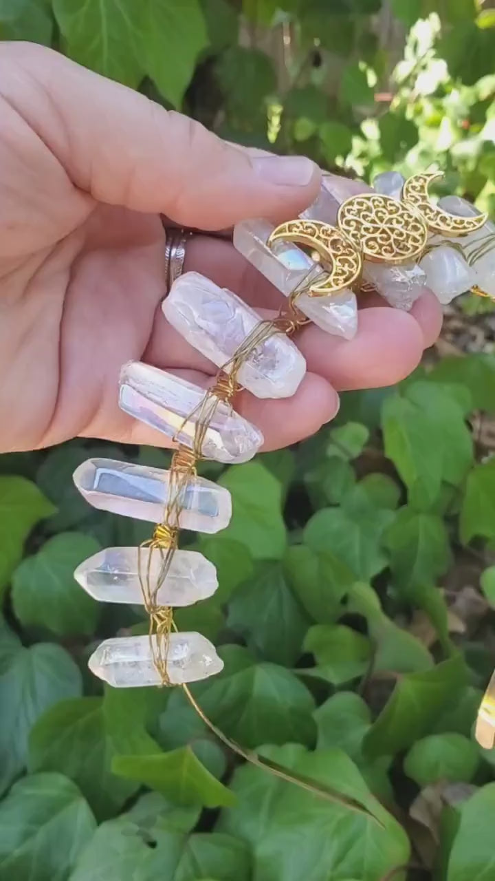 Aura Quartz Crown with Gold Moon Phase - Counteracts Negative, Energizes Positive Energy - Quartz Goddess Crown