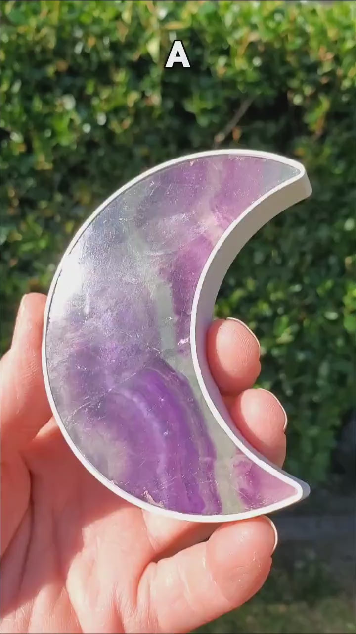 Rainbow Fluorite Moon Plug-In Light - Mental Clarity, Stability, Energetic Protection - Purple Crystal Moon Room Decor Accent