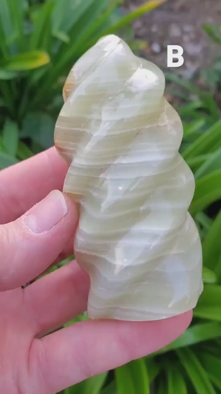 Green Onyx Flame - Strength, Willpower, Discipline - Crystal Swirl Green Flame Crystal Healing Gemstones