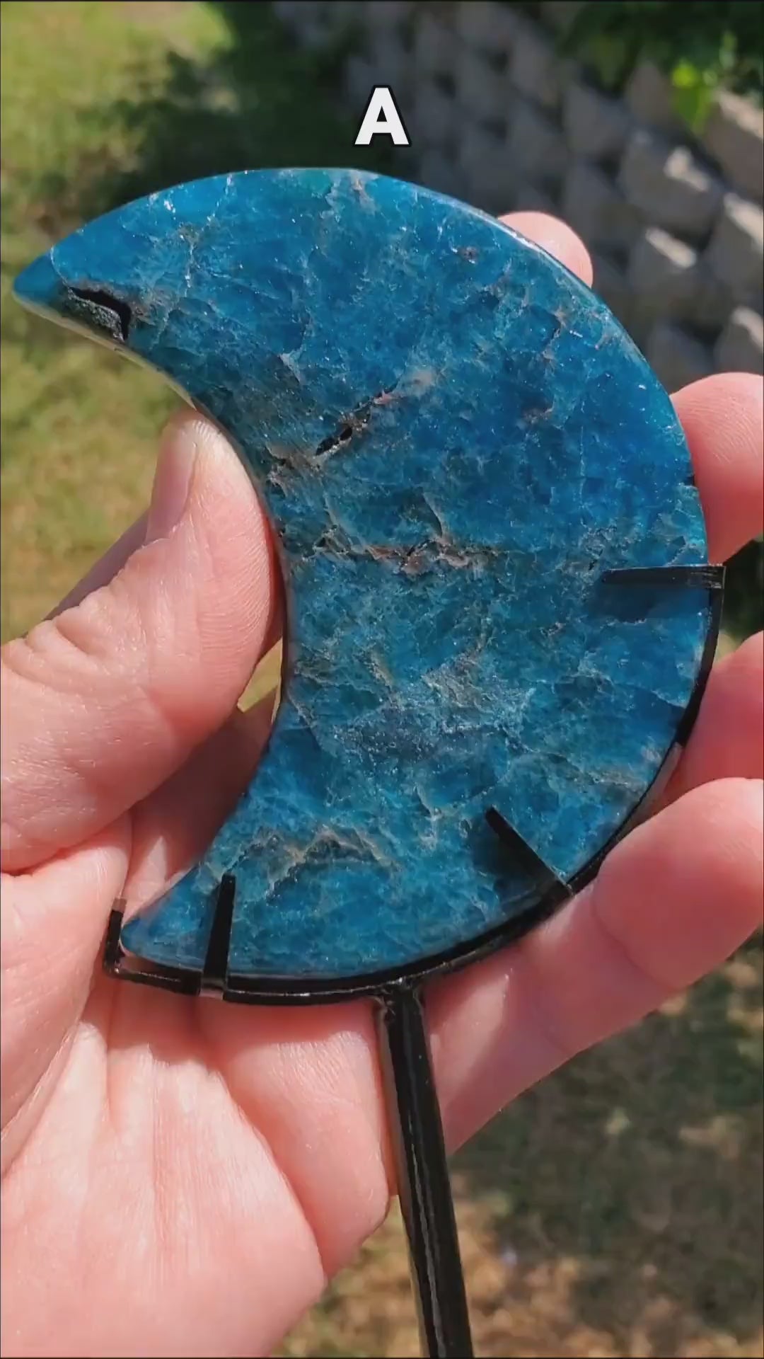 Blue Apatite Moon on Stand - Intuition, Mental Clarity, Manifestation - Blue Vein Crystal Crescent Stone Crystal Statement
