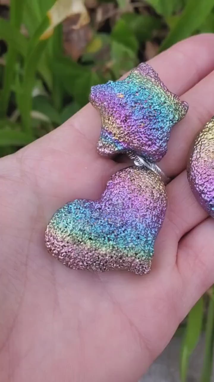 Bismuth Heart, Moon & Star Trio - Togetherness, Helps Bond Relationships, Strengthens Visualizations - Metal Carved Healing Gemstone