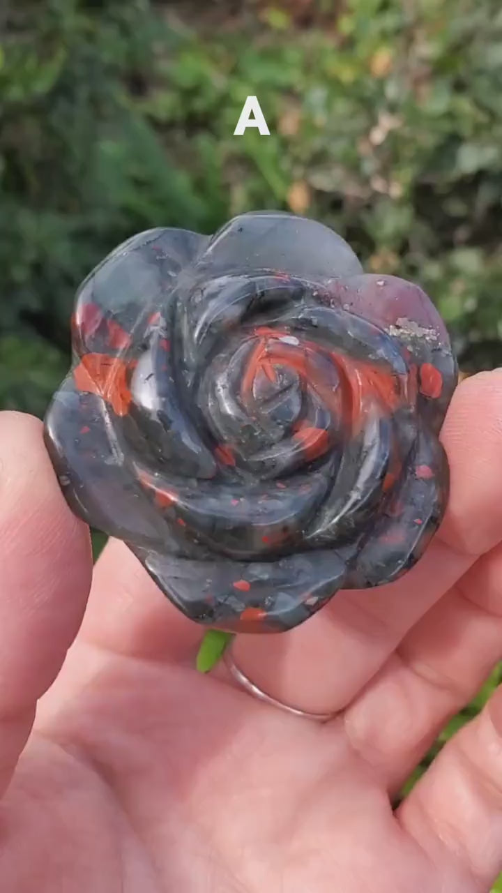 African Bloodstone Rose - Calming, Grounding, Persistence, Courage - Black and Red Crystal Flower Carving Healing Gemstone