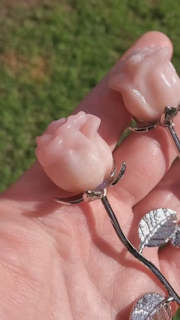 Small Pink Opal Rose on Stem - Activates Heart Chakra, Strengthens Connection To Yourself, Individuality - Pink Crystal Flower Valentine