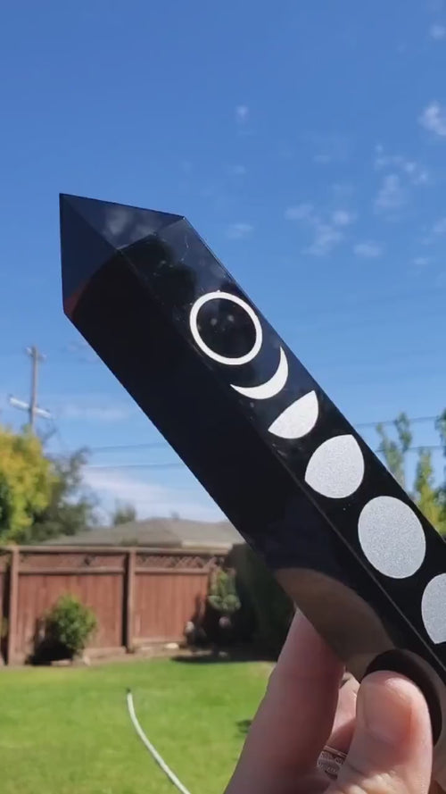8" Big Obsidian Tower with Silver Moon Phase - Self Reflection, Release Negative Energies - Obsidian Black Statement Healing Gemstones
