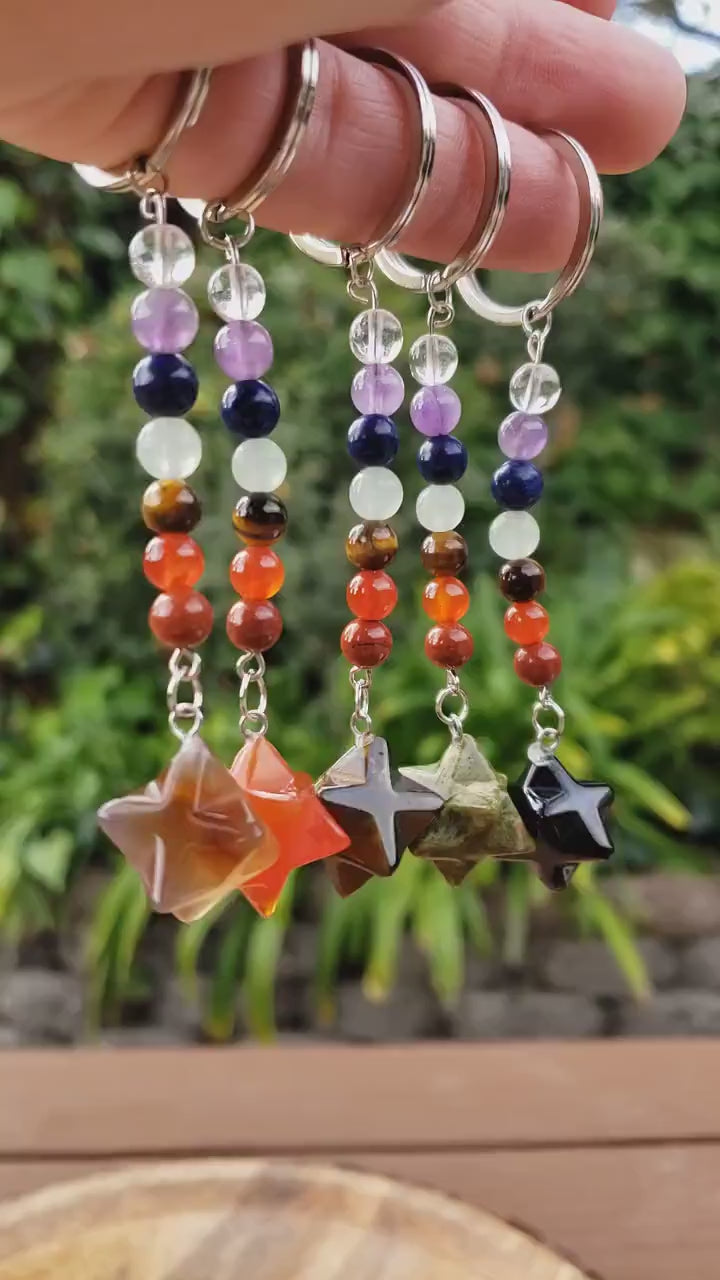 Merkaba Chakra Keychain - Unakite, Carnelian, Obsidian, Orca Agate, Tigers Eye - Crystal Key Fob Rainbow Healing Crystals