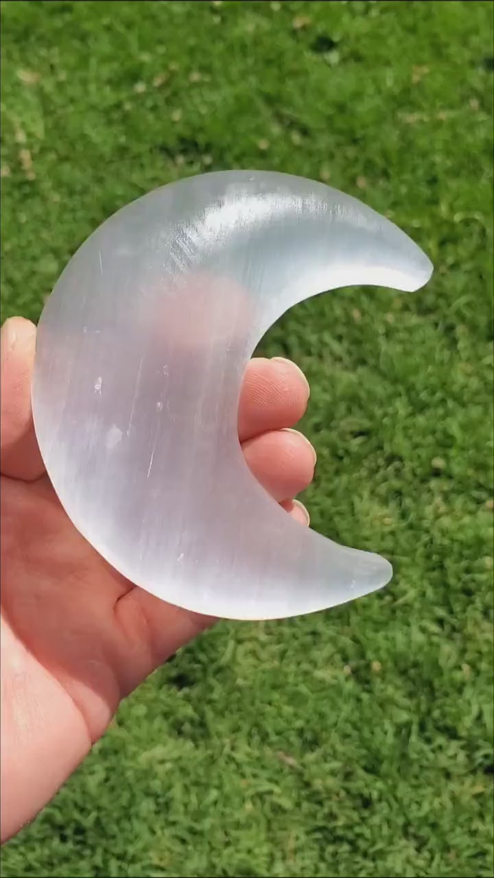 Selenite Moon on Stand - Tranquility, Blessings, Love & Light - Satin Spar  Lunar Crystal Display Healing Gemstones