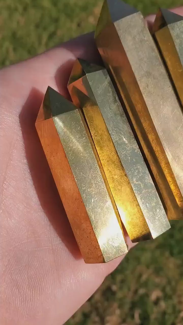 Gold Brass Tower (made of Copper & Zinc) - Purify, Blocks Negativity, Wealth, Emotional Healing - Stone Point Healing Obelisk 3.15" tall