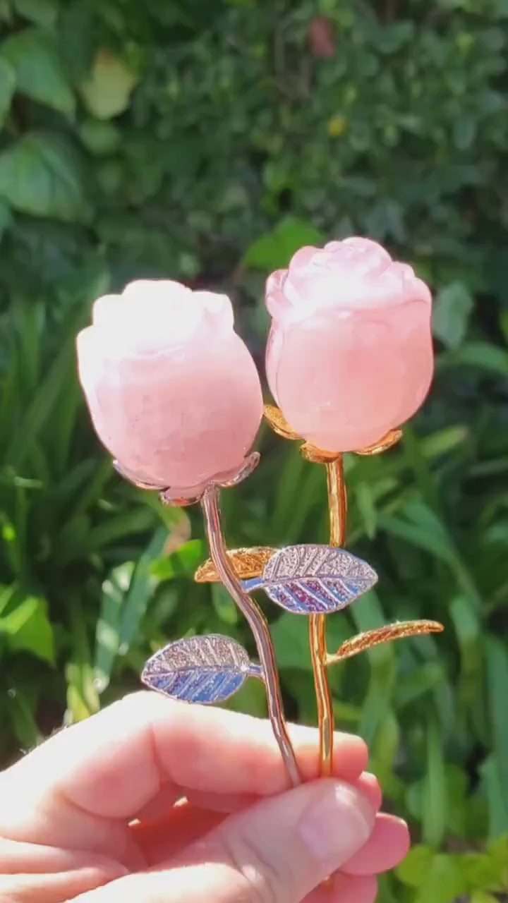 Small Rose Quartz Rose on Metal Stem - Unconditional Love, Compassion, Self Love - Pink Crystal Rose Bud with Silver or Gold Metal Stem