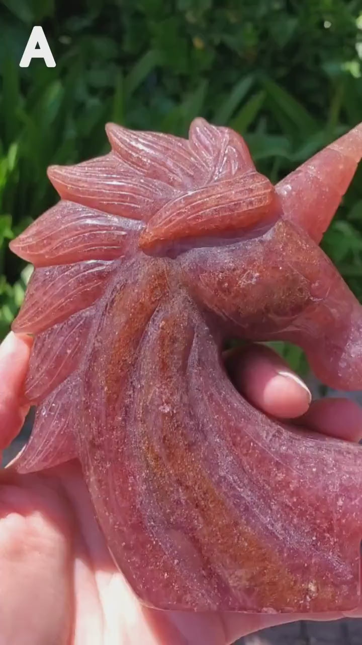 Chunky Strawberry Quartz Unicorn - Universal Love, Gratitude, Generosity, Compassion - Tanzberry Quartz Unicorn Carving Gemstone Statement