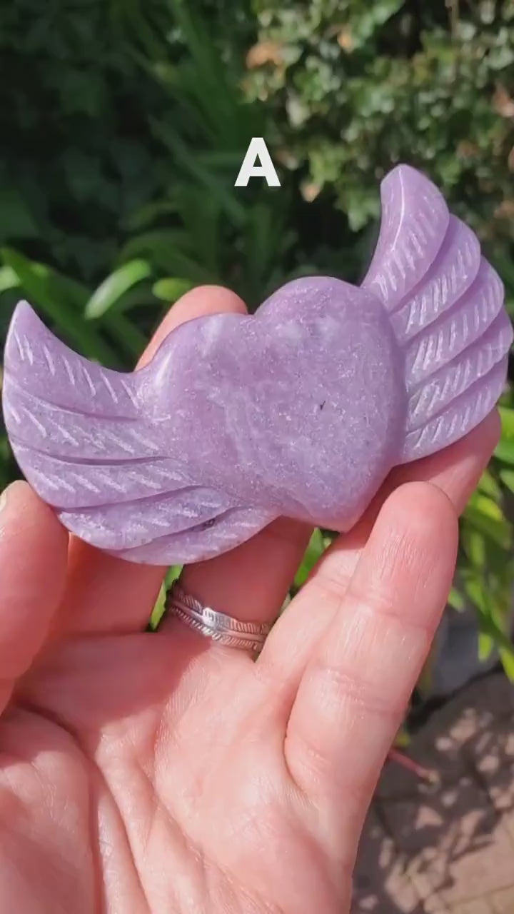 Lepidolite Heart Wings on Stand - Transitions, Stress Relief, Calming - Cute Purple Heart Crystal Carving with Wings Healing Gemstone
