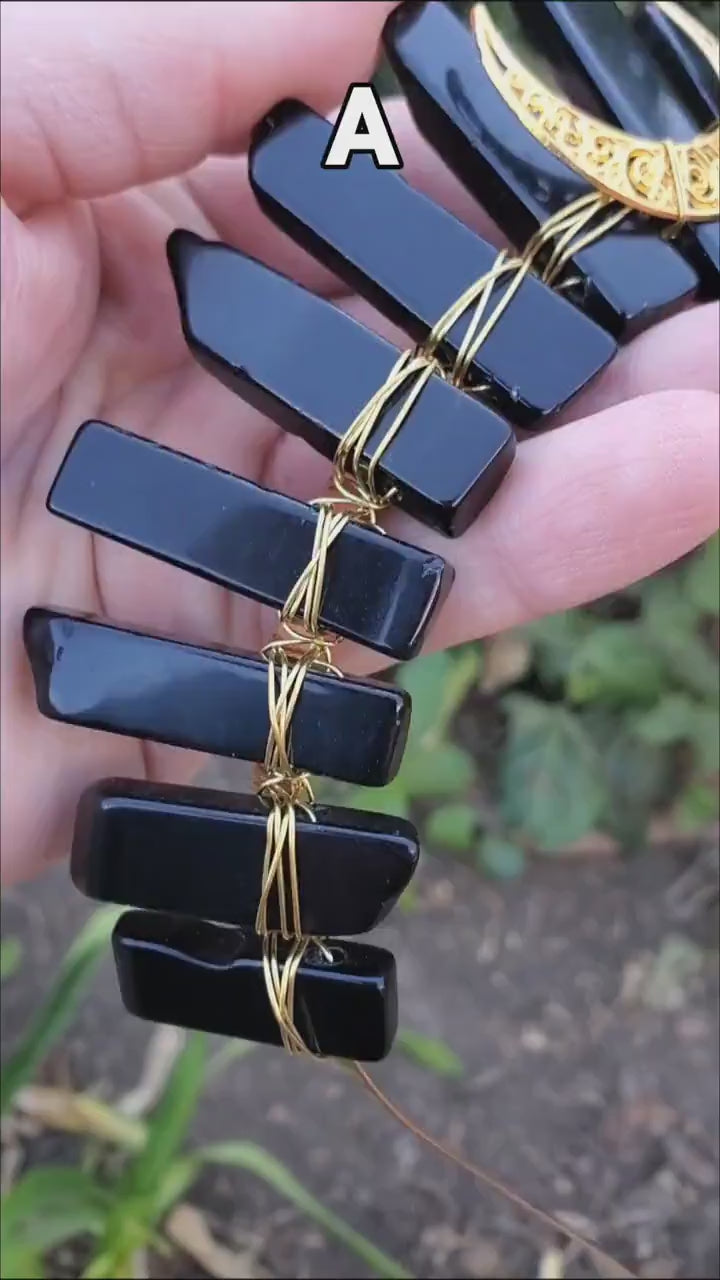 Obsidian Crown with Gold Moon - Self Reflection, Release Negative Energies - Black and Gold Goddess Crown Healing Crystals Headband