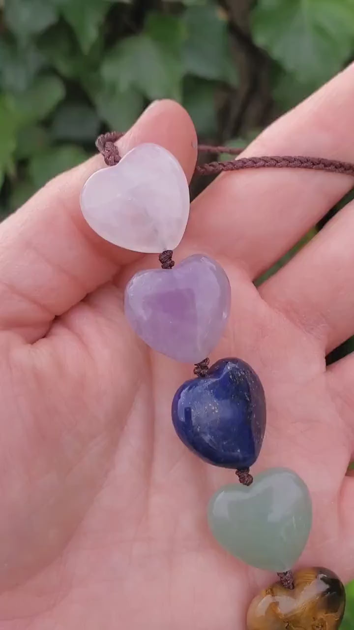 Crystal Hearts Car Charm 10" - Grounding, Manifestation, Self Reflection, Prosperity, Wisdom, Strength, Awareness - Chakra Hanging Charm