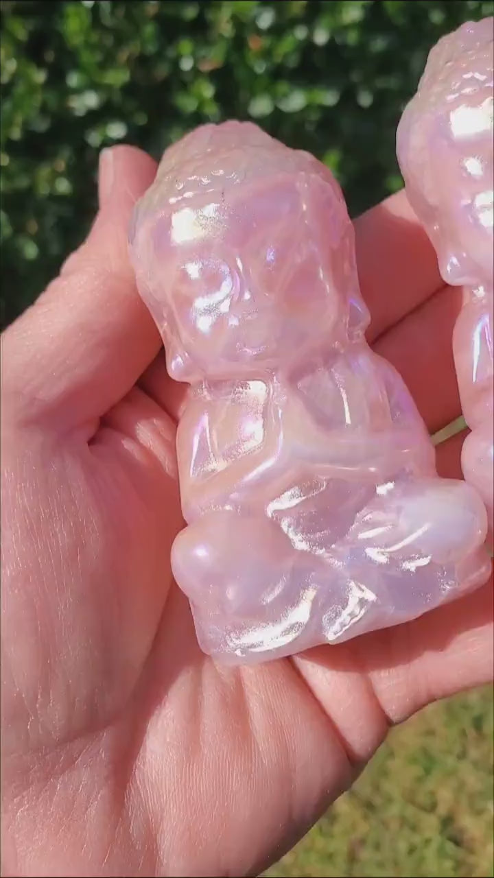 Aura Rose Quartz Buddha 3.15" - Unconditional Love, Compassion, Forgiveness - Pink Crystal Sitting Praying Buddha Healing Crystals Gemstones