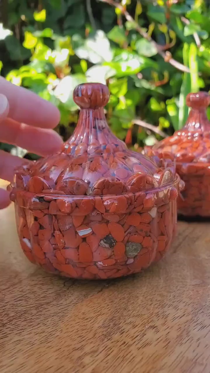 Red Jasper Trinket Jar | Handmade Resin Jar with Red Jasper Chip Stones - Cellular Healing, Creativity, Reflection - Red Room Stash Jar