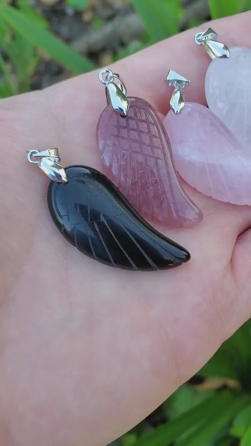 Angel Wing Pendant with Black Cord - Rainbow Fluorite, Rose Quartz, Strawberry Quartz, Caribbean Calcite, Obsidian Adjustable Necklace