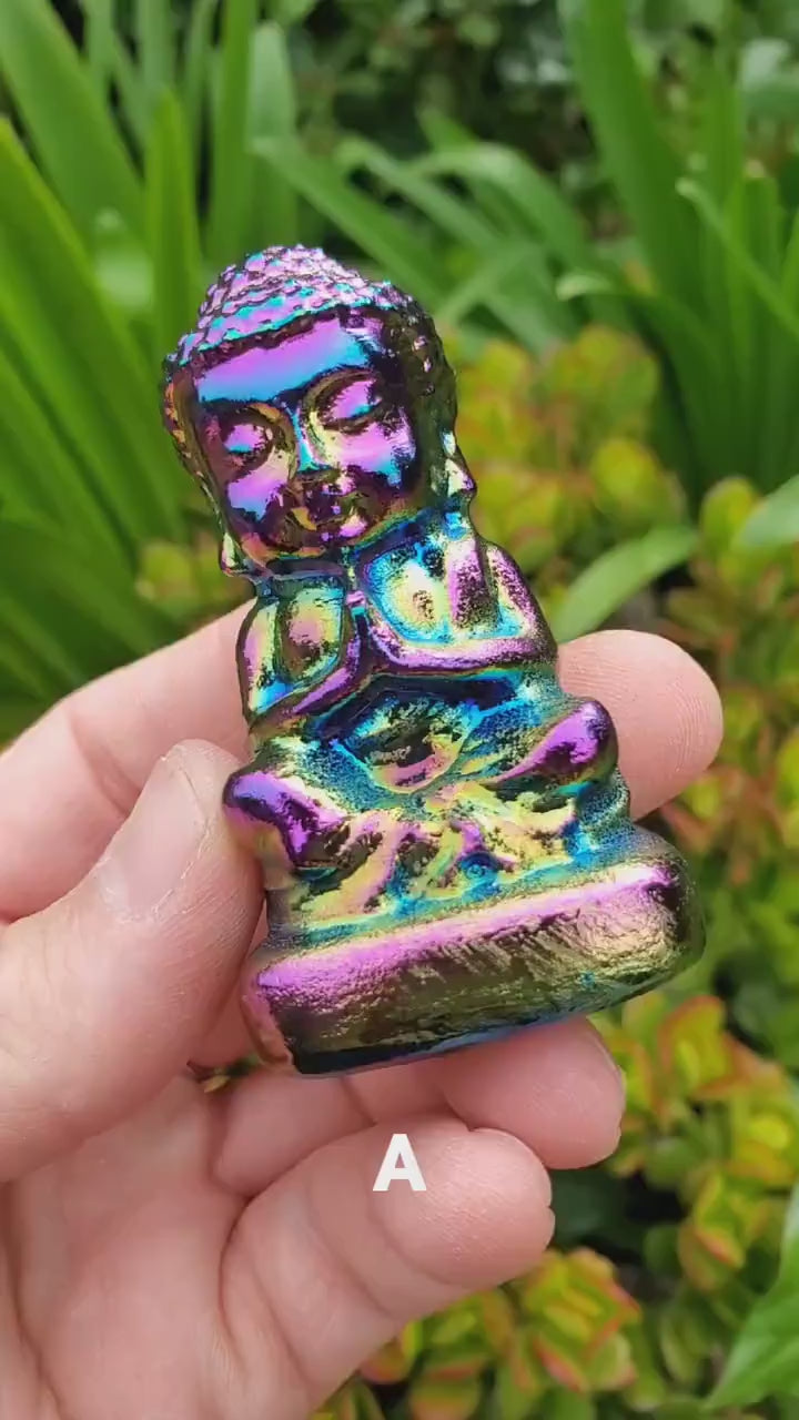 Aura Obsidian Buddha - Self Reflection, Release Negative Energies, Balance - Rainbow Aura Buddha Healing Crystals Gemstones