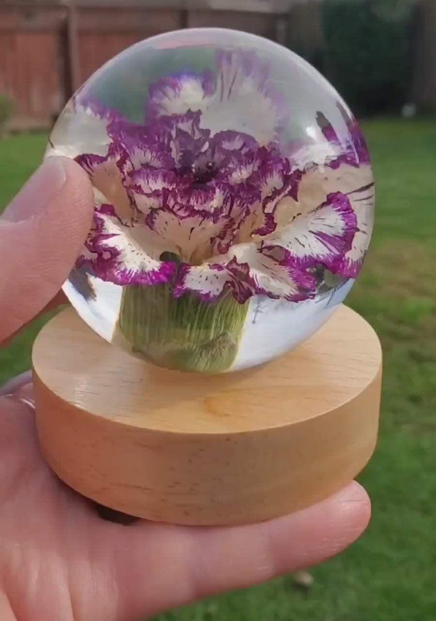 Purple Carnation Resin Sphere with Light Base | Handmade Resin Craft with Real Carnation Inside - Home Décor Night Light, Accent Lighting