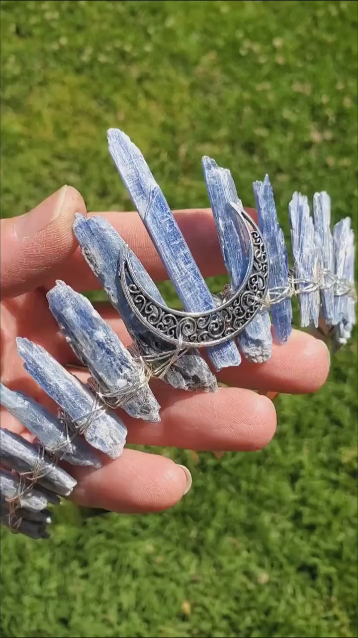 Kyanite Crown with Silver Crescent Moon - Calming, Clarity, Connection, Communication - Raw Blue Kyanite Healing Goddess Crown for Party