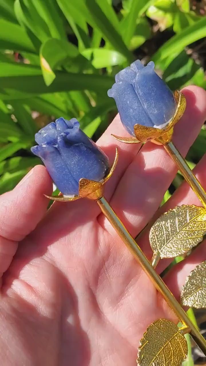 Small Blue Aventurine Rose on Gold Stem 6" - Self-Discipline, Inner Strength, Communication - Cute Crystal Flower Healing Gemstone Decor