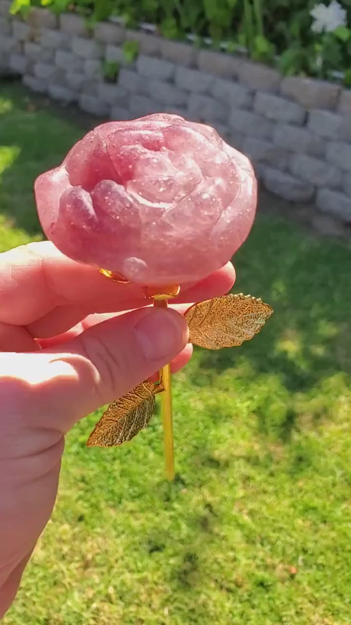 Strawberry Quartz Long Stem Rose with Silver or Gold Stem - Universal Love, Gratitude, Generosity, Compassion - 9" Long Tanzberry Flower