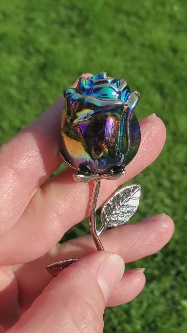 Small Aura Obsidian Rose on Stem - Self Reflection, Release Negative Energies, Balance - Rainbow Aura Flower Healing Crystals Gemstone