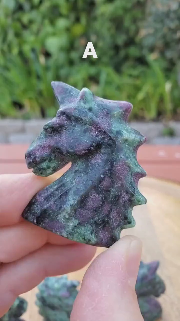 Small Ruby Zoisite Unicorn with UV reactive Ruby - Courage, Strength, Connects Our Hearts and Brain - Ruby Unicorn Carving Healing Gemstone