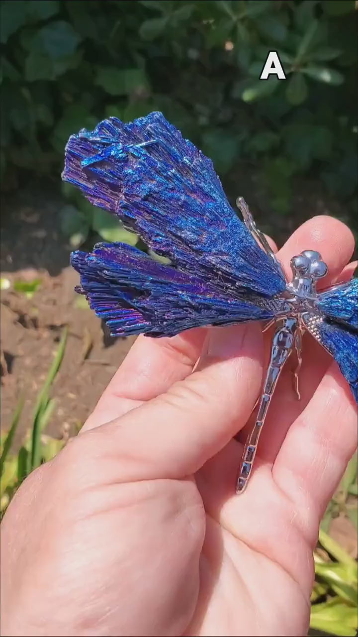 Aura Kyanite Dragonfly on Metal Body - Calming, Clarity, Connection, Communication, Balances Chakras - Kyanite Crystal Dragonfly Statement