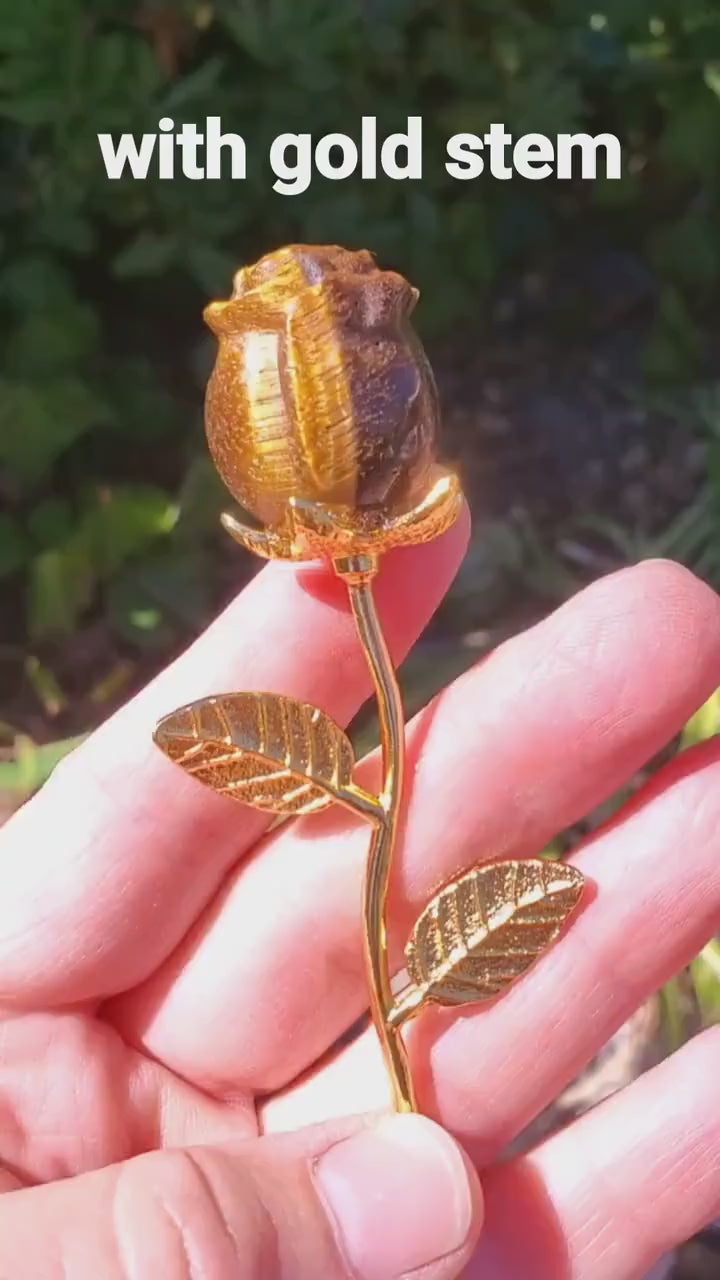 Small Flashy Tiger Eye Rose on Stem - Courage, Motivation, Confidence, Grounding, Energetic Protection  - Crystal Rose Healing Gemstones