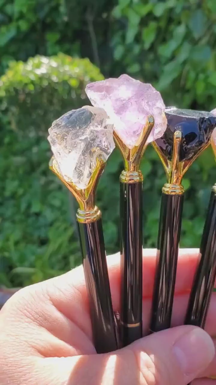 Stone Top Pen with Black Ink - Quartz (Magnify), Amethyst (Calming), Obsidian (Reflection), Rose Quartz (Love) - Pen with Gold Metal Detail