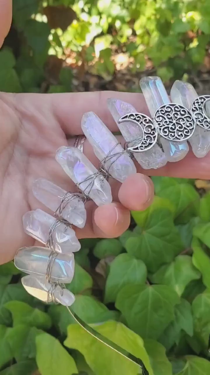 Aura Quartz Crown with Silver Moon Phase - Magnifies Your Intention, Counteracts Negative, Energizes Positive Energy - Quartz Goddess Crown