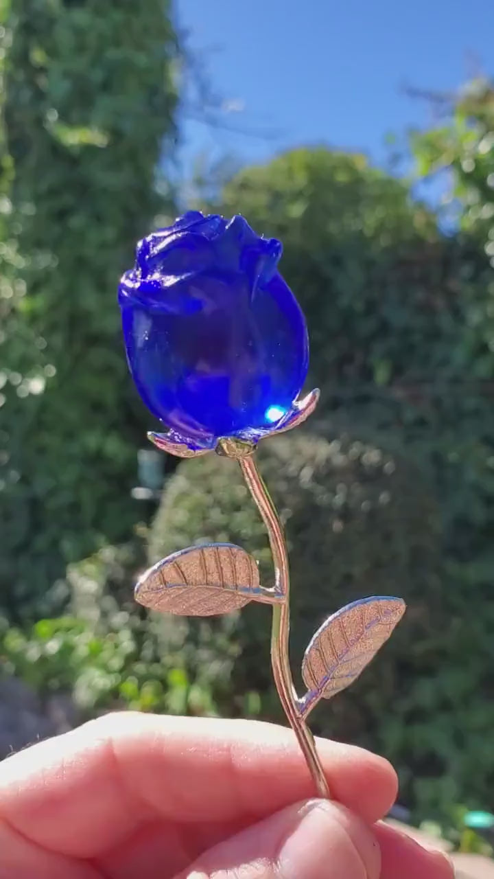 Small Blue Glass Rose on Stem - Confidence, Intuition, Rebirth, Guides Us To Our Purpose - Flower Bud Carving Statement Stone Garden Stake