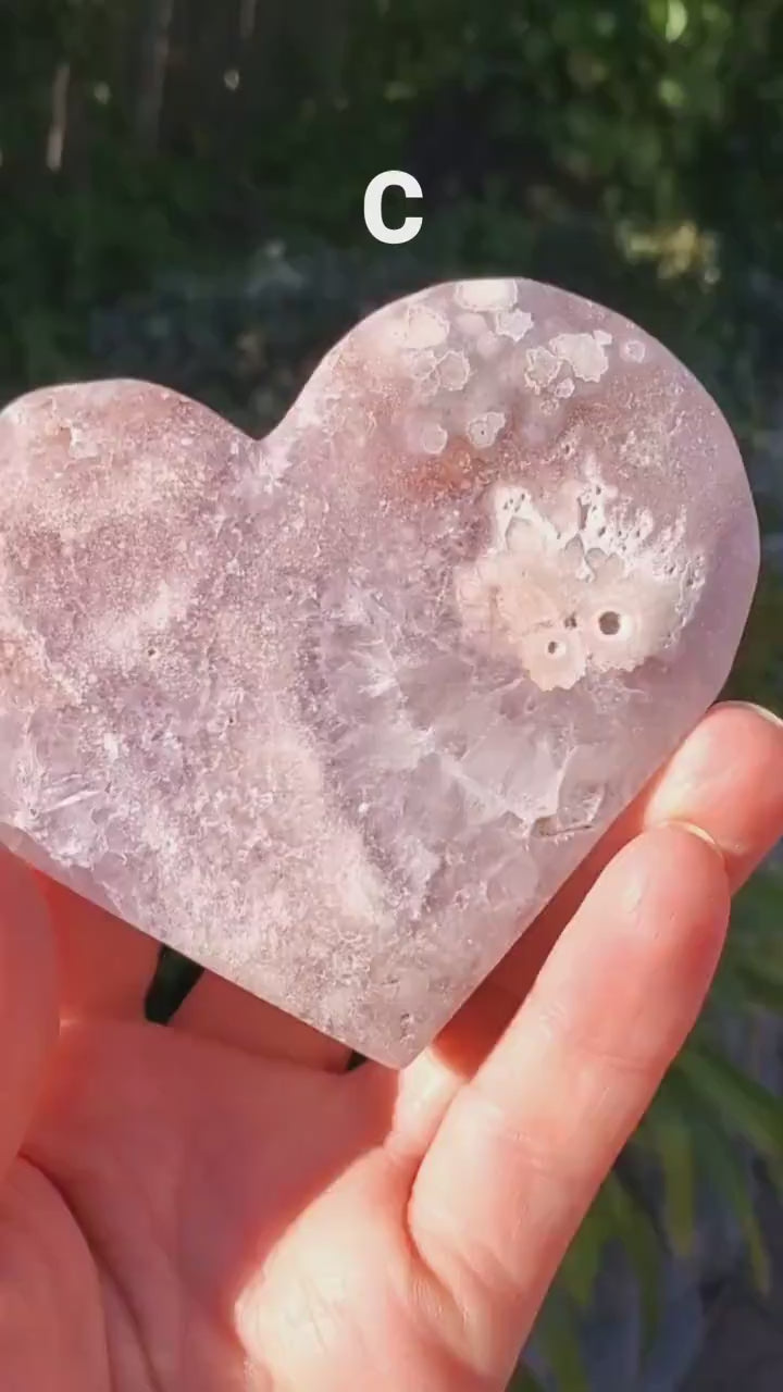 Druzy Pink Amethyst Flower Agate Heart + Stand - Gentle, Nourishing, Growth, Positivity, Grounding - Crystal Heart with Rainbows Statement