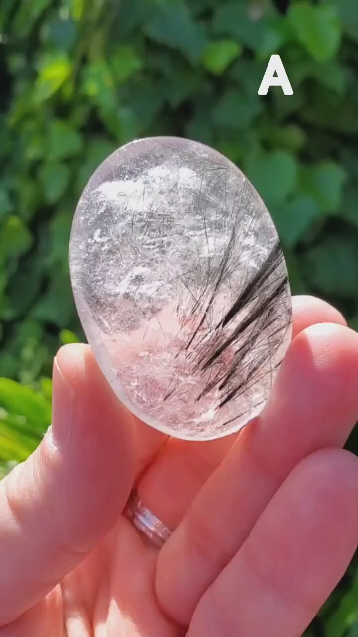 Tourmaline Quartz Palm Stone - Magnification, Clarity, EMF Protection - Tourmalinated Quartz Crystal Palm Healing Crystals Gemstone