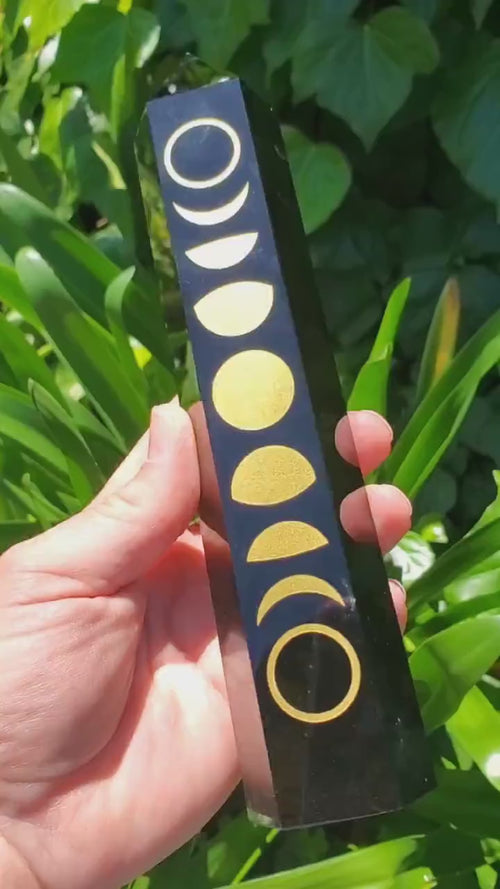 8" Big Obsidian Tower with Gold Moon Phase - Self Reflection, Release Negative Energies - Obsidian Black Statement Home Decor